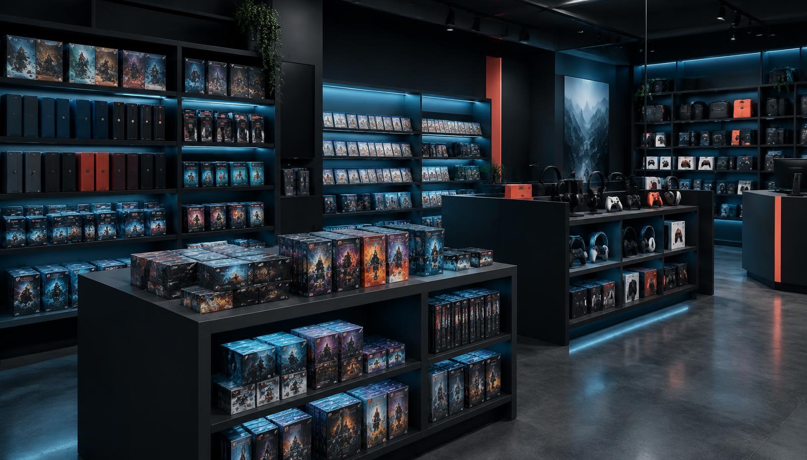 Ett välorganiserat butikssortiment av spel och samlarprodukter